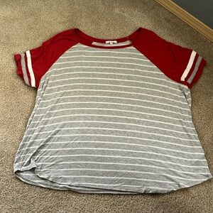 Grey and white striped with red sleeves short sleeve from Maurices. Size 2X.
